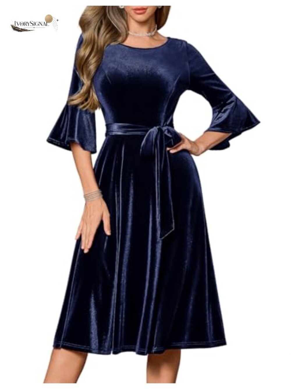 Women's Velvet Bell Sleeve Fit & Flare Midi Cocktail Dress Smocked Waist